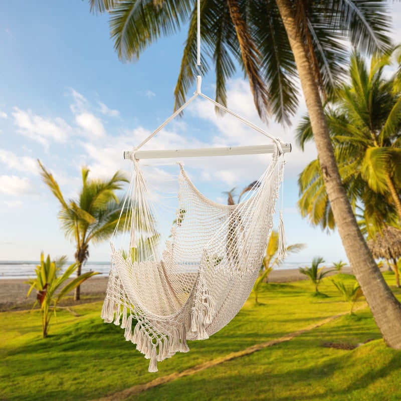 YAERSI Hammock Chair Max 330lbs  Large Hanging Chair  Soft Cotton Rope Swing Chair with High Load-Bearing Metal Rod Indoor Outdoor Garden Yard Living Room Use Beige - Image 2